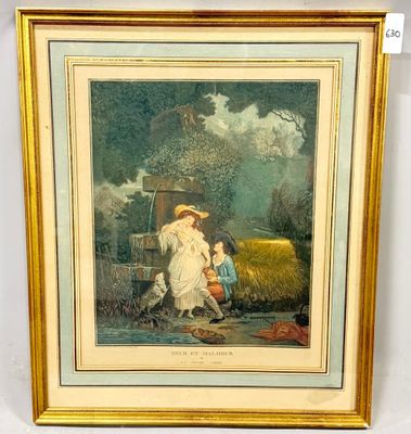 tableau représentant une femme et un enfant dans un paysage parsemé de bottes de foin