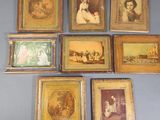 plusieurs tableaux anciens représentant des femmes et des enfants, sur fond bleu