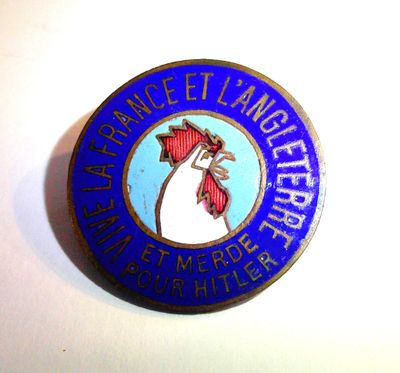 a blue and white badge with a rooster on it
