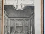 an open book with a drawing of a large room with people in it