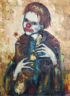 une peinture à l'huile représentant un clown au nez rouge tenant un oiseau
