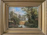 une peinture à l'huile représentant un paysage avec une rivière au premier plan et des arbres à l'arrière-plan