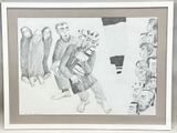 dessin représentant un groupe de personnes alignées, avec un homme au milieu d'elles