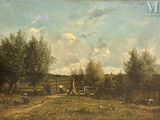 a painting of a farm scene with sheep grazing in the field