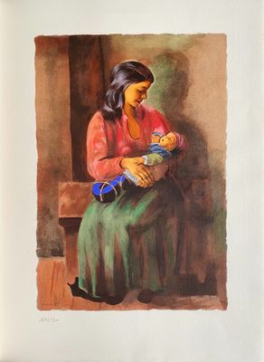 a painting of a woman holding a baby in her arms