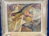 tableau représentant une nature morte avec des fruits et un oiseau posés sur une table