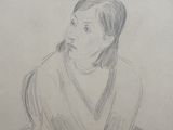 a drawing of a woman sitting in a chair with her hand on her knees