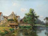 a painting of a village by a river with people on the bank