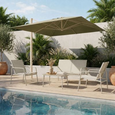 a pool with chairs and an umbrella next to it