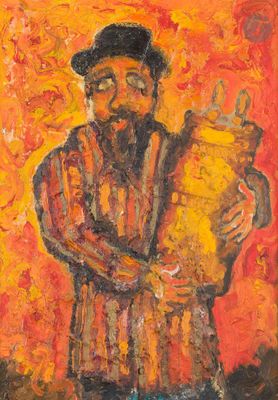 an oil painting of a man holding a pot in his hands