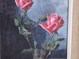 a painting of two roses in a vase on a table
