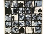 une peinture en noir et blanc représentant des carrés de tailles et de formes variées