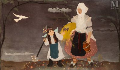 une image représentant un tableau où l'on voit deux femmes et un oiseau dans le ciel