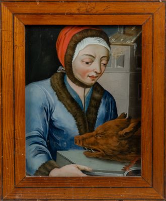 painting of a woman holding a dog in a wooden frame