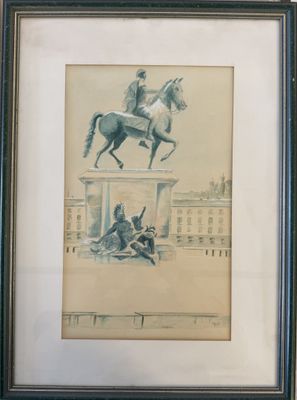 painting of a man riding a horse in front of a building