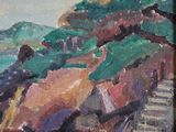 an oil painting of steps leading to a beach with a castle in the background
