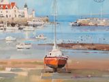 an oil painting of a boat on a beach near the water
