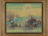 an oil painting of a landscape with a sun in the sky