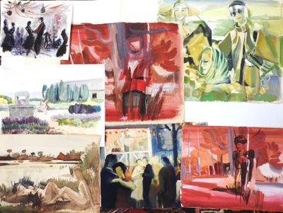 several paintings of people are displayed on a wall in a room