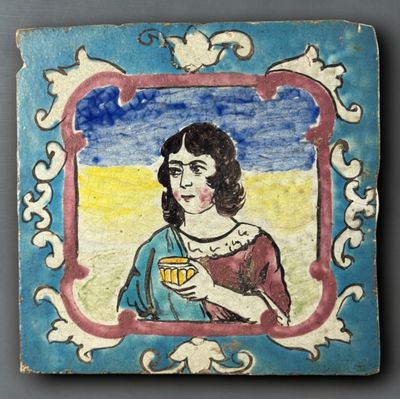 painting of a woman holding a cup of coffee in a blue frame