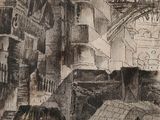a picture of a drawing of a man and a woman in a city
