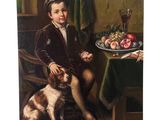 portrait d'un garçon et de son chien près d'une table sur laquelle se trouvent des fruits et un verre de vin