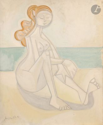 une image représentant un tableau où l'on voit une femme assise sur une plage