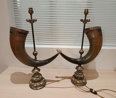 two horns that are sitting on a table next to each other