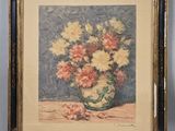 painting of flowers in a vase on a table with a blue background