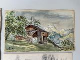 two watercolor paintings of a cabin in the mountains