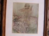 tableau représentant une femme nue assise sur un lit devant un miroir