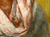 an oil painting of a woman in a white shawl and a red hat