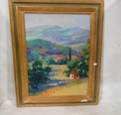 an oil painting of a landscape with hills and trees in a gold frame