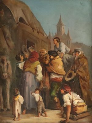 painting of a group of people gathered around a man on a horse