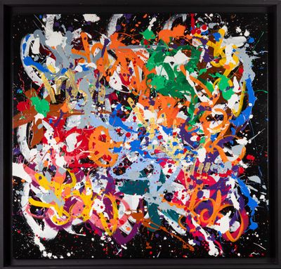 abstract painting of multicolored paint splattered on a black background