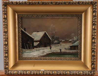une image représentant un tableau représentant un paysage enneigé avec une maison en arrière-plan