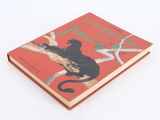 an orange book with a black cat sitting on top of a tree branch