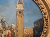 painting of a painting of a city with a clock tower in the background