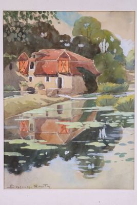 watercolor painting of a house by a river with a boat in the water