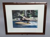 painting of a man on a speed boat in the water