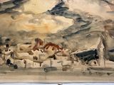 a watercolor painting of a mountain scene with a horse drawn carriage