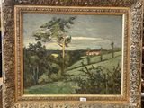 an oil painting of a landscape with a tree and a house in the distance