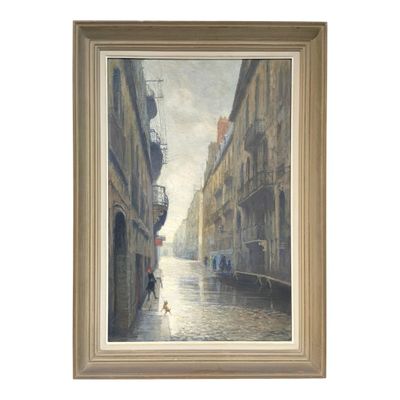 une image représentant un tableau où l'on voit une personne marchant dans la rue sous la pluie