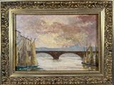 tableau représentant un pont enjambant une rivière, avec des voiliers au premier plan