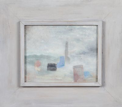 une peinture à l'huile représentant une scène de plage avec un voilier au loin