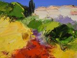 an oil painting of a landscape with hills and trees