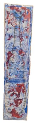 un tableau représentant un vase orné d'un motif rouge et bleu