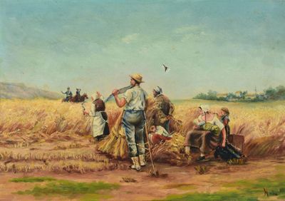une peinture à l'huile représentant un groupe de personnes travaillant dans un champ