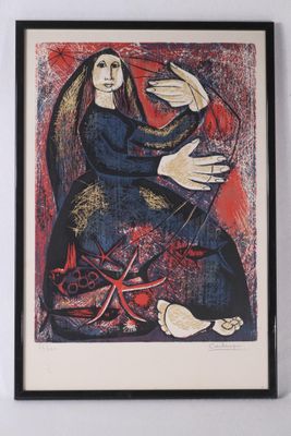 a painting of a woman sitting in a chair with her hands on her knees