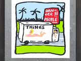 painting of a woman in a swimming suit in front of a sign that says things don ' t mean people